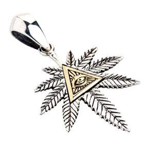 Eye of Providence Cannabis Leaf Silver Pendant, reverse leaf with hallmark