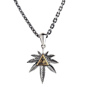 Eye of Providence Cannabis Leaf Silver Pendant, front leaf and brass eye triangle