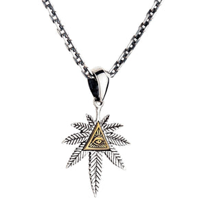 Eye of Providence Cannabis Leaf Silver Pendant, leaf pendant hanging on silver chain