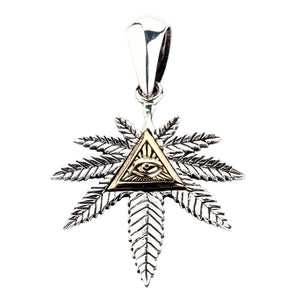 Eye of Providence Cannabis Leaf Silver Pendant, front leaf and bail