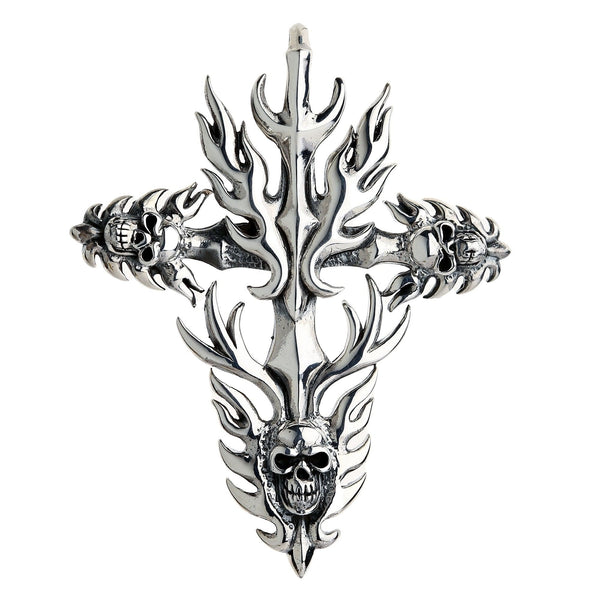 Sterling Silver Flame Cross Skull Pendant
