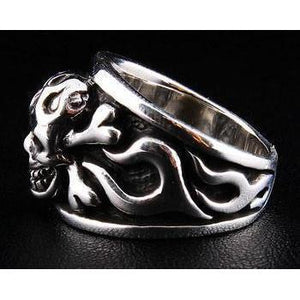 Sterling Silver Flame Skull Crossbones Ring