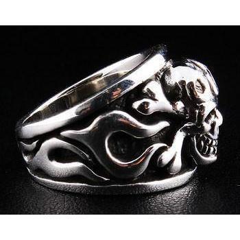 Sterling Silver Flame Skull Crossbones Ring
