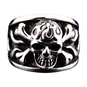Sterling Silver Flame Skull Crossbones Ring