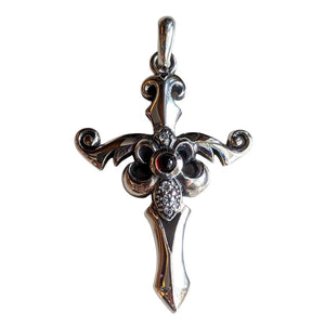 Red CZ Fleur-de-Lis Sterling Silver Cross Pendant, front fleur-de-lis cross with red and clear CZ