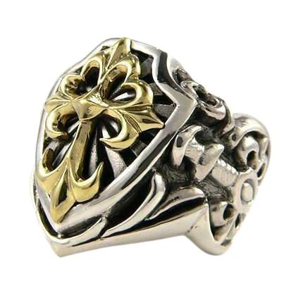 Yellow Gold Cross 925 Sterling Silver Men's Ring
