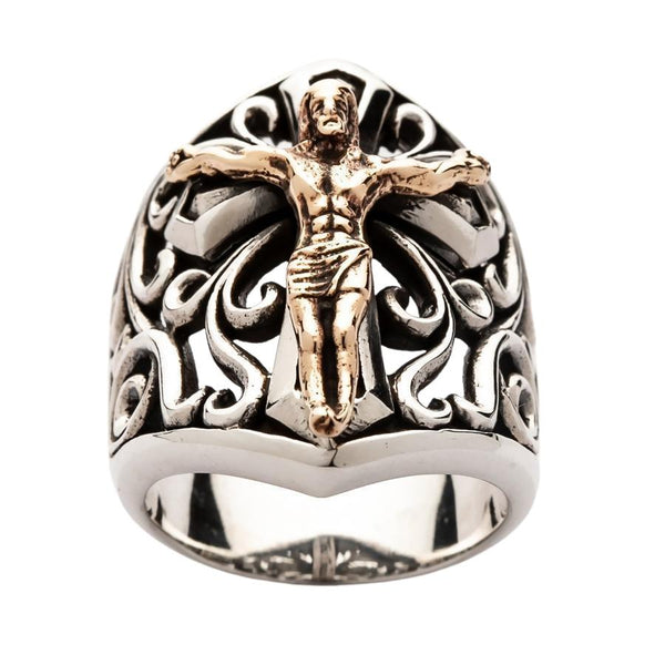 Gold Jesus Silver Mens Ring