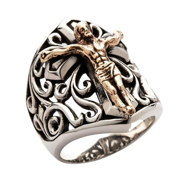 Gold Jesus Silver Mens Ring