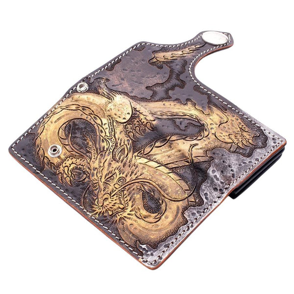Carteira de couro do dragão imperador dourado para motociclistas