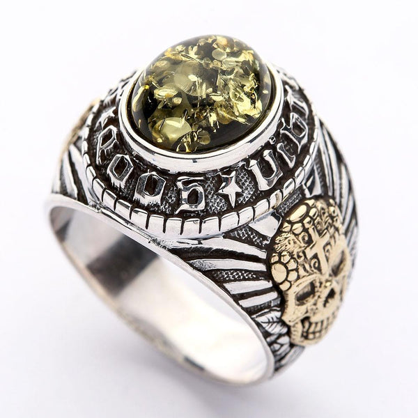 Green Amber Mexican Skull Gothic Mens Ring