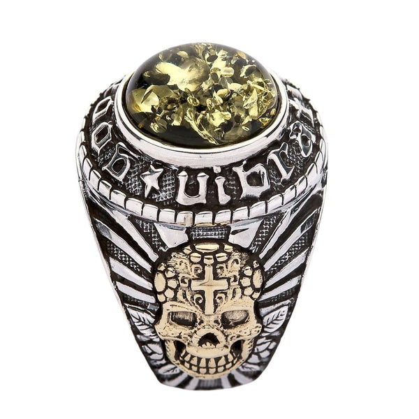 Green Amber Mexican Skull Gothic Mens Ring