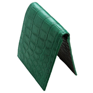 Green Crocodile Leather Bifold Wallet — standing back fold