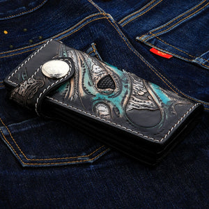 Cartera de motociclista de piel de lagarto del diablo verde