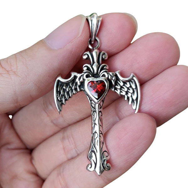 Sterling Silver Heart Wings Gothic Pendant