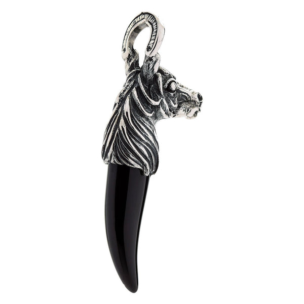 Collier pendentif croc en onyx noir cheval en argent