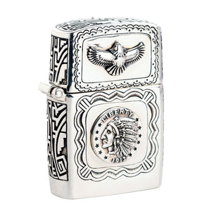 Indian Liberty Eagle Sterling Silver Lighter, angled front and engraved side