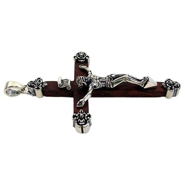 Silver Jesus Crucifix Wood Cross Pendant