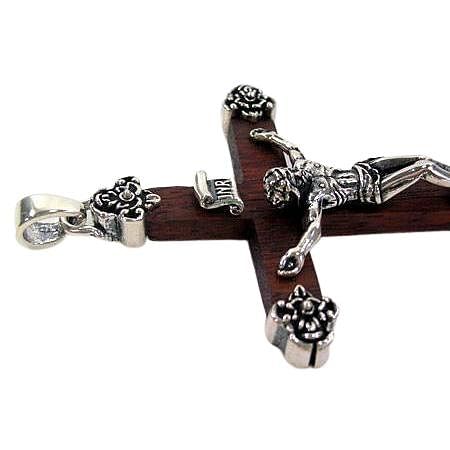 Silver Jesus Crucifix Wood Cross Pendant