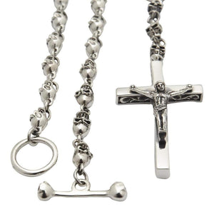 Skull Bead Sterling Silver Crucifix Rosary Necklace, skull beads and toggle clasp detail