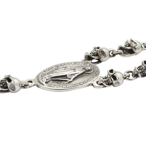 Skull Bead Sterling Silver Crucifix Rosary Necklace, oval medallion reverse closeup