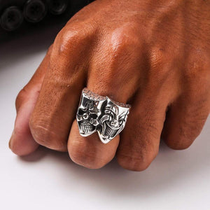 Joker and Clown Skull Sterling Silver Ring, ring worn front closeup