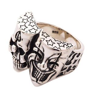 Joker and Clown Skull Sterling Silver Ring, two faces angled with 925 band mark