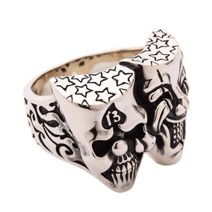 Joker and Clown Skull Sterling Silver Ring, star-etched top and carved side