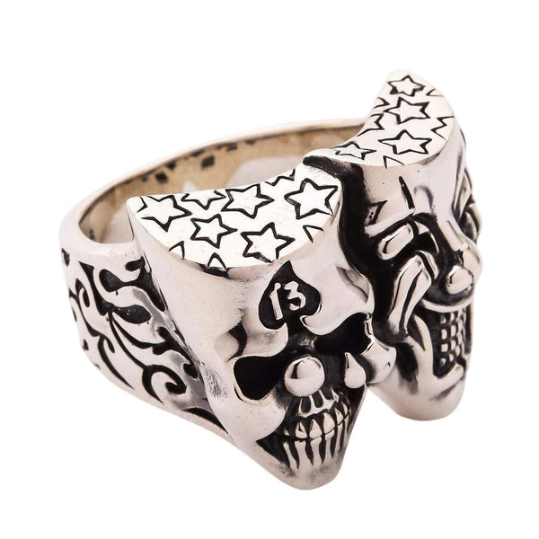 Серебряное кольцо с изображением клоуна-джокера в виде черепа