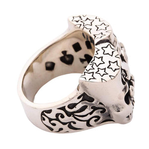 Joker and Clown Skull Sterling Silver Ring, engraved shoulder and inside band