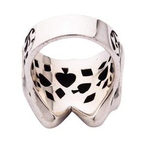 Joker and Clown Skull Sterling Silver Ring, band interior and cutout details