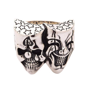 Joker and Clown Skull Sterling Silver Ring, double skull and clown face front