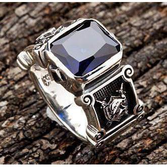 Silver Knight Sapphire Biker Ring