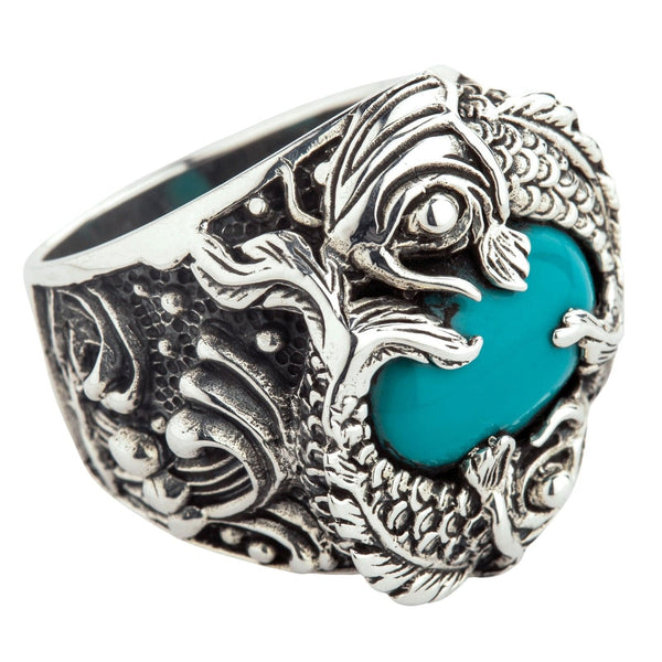 Sterling Silver Japanese Koi Fish Turquoise Mens Ring