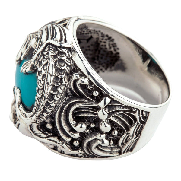 Серебряное мужское кольцо с японской рыбой кои и бирюзой