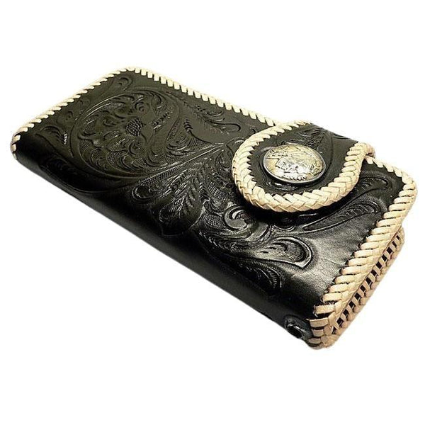 Indisk Snap Biker-plånbok i äkta läder, vit och svart