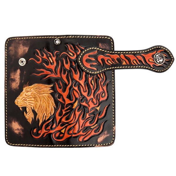 Кожаный байкерский кошелек с резным рисунком льва