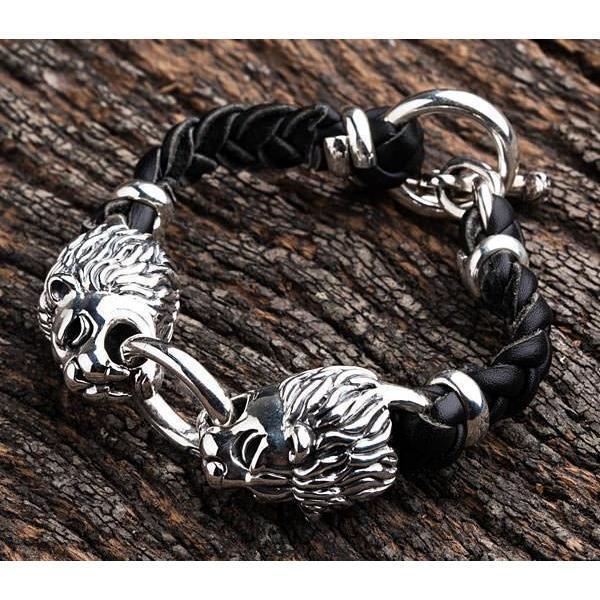 Lion Silver Mens Leather Bracelet