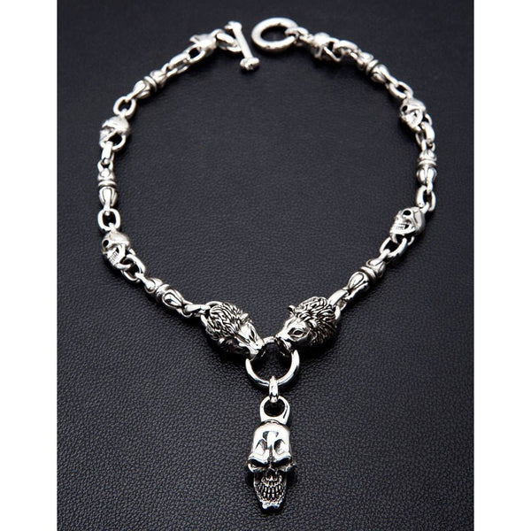 Lion Skull Sterling Silver Biker Necklace
