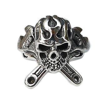 Anel de chave inglesa de crânio mecânico de prata 925