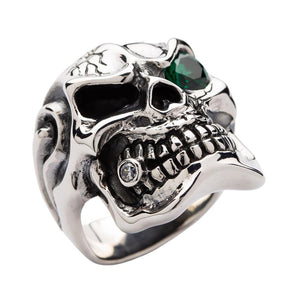 Emerald Eyes Silver Mens Skull Rings