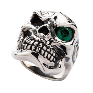 Emerald Eyes Silver Mens Skull Rings