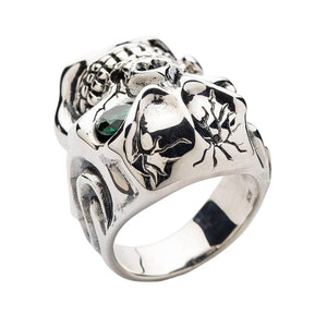 Emerald Eyes Silver Mens Skull Rings