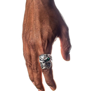 Emerald Eyes Silver Mens Skull Rings