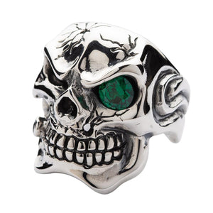 Emerald Eyes Silver Mens Skull Rings