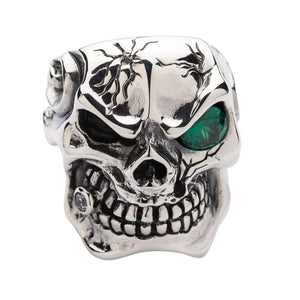 Emerald Eyes Silver Mens Skull Rings
