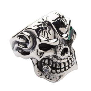 Emerald Eyes Silver Mens Skull Rings