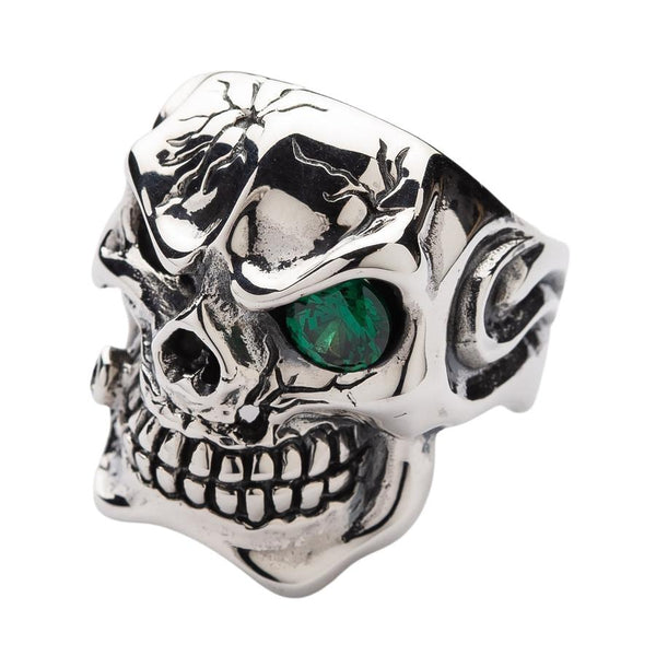 Серебряные мужские кольца в виде черепа с изумрудными глазами