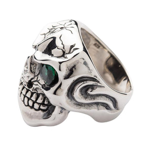Emerald Eyes Silver Mens Skull Rings