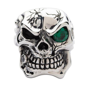 Emerald Eyes Silver Mens Skull Rings