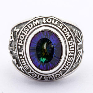 Front view of Mystic Quartz silver ring showing engraved quote around oval stone